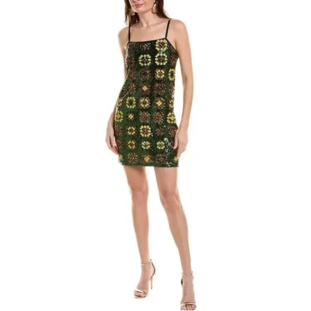 New Johnny Was Gemini Sequin Mini Dress Granny Square Floral Pattern Size Large